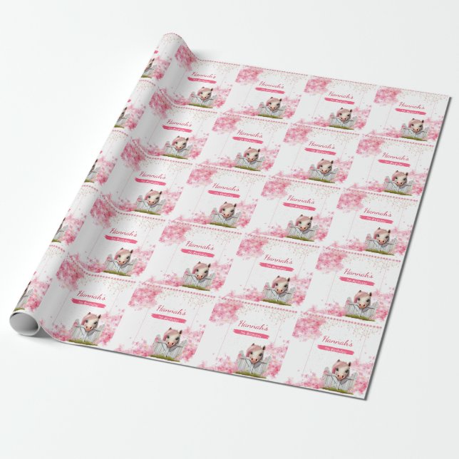 Papier Cadeau Cute Horse Anniversaire Rose Floral Personnalisé (Déroulé)