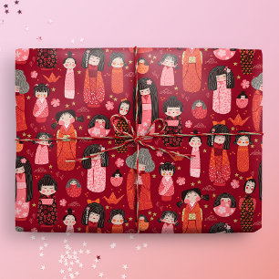Papier Cadeau Cute Illustré japonais Kokeshi rouge