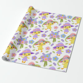 PAPIER CADEAU CUTE JAUNE DE PÂQUES AVEC CASQUETTES ET FLEURS