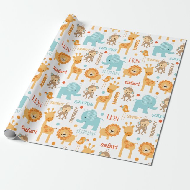 Papier Cadeau Cute Jungle Safari Animaux Motif (Déroulé)