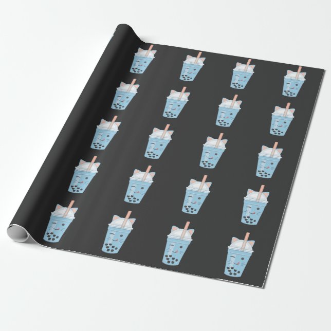 Papier Cadeau Cute Kawaii Buble Tea Boba Milk Tea Cat (Déroulé)