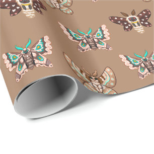 Papier Cadeau Cute Kawaii Chibi Moths on Coffee Tan