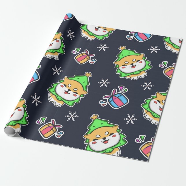 Papier Cadeau Cute Kawaii Chien Motif de Noël (Déroulé)