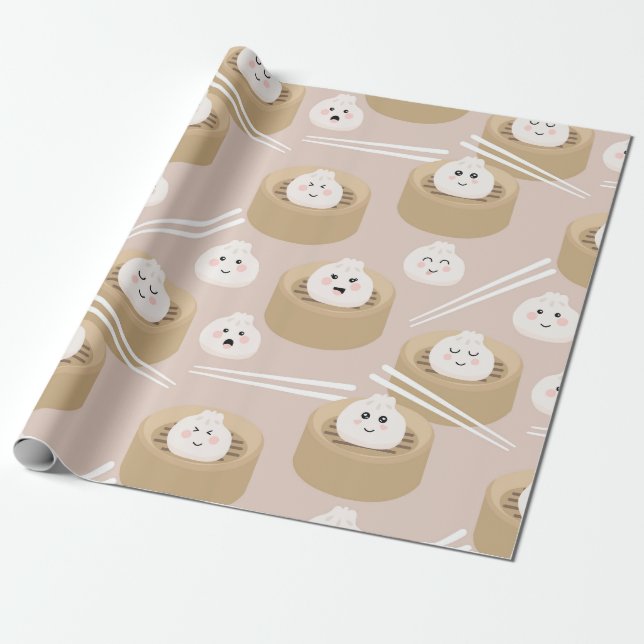 Papier Cadeau Cute Kawaii Dumplings Baguettes en vapeur (Déroulé)