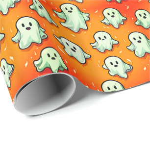 Papier Cadeau Cute Kawaii Style Fantômes sur Orange