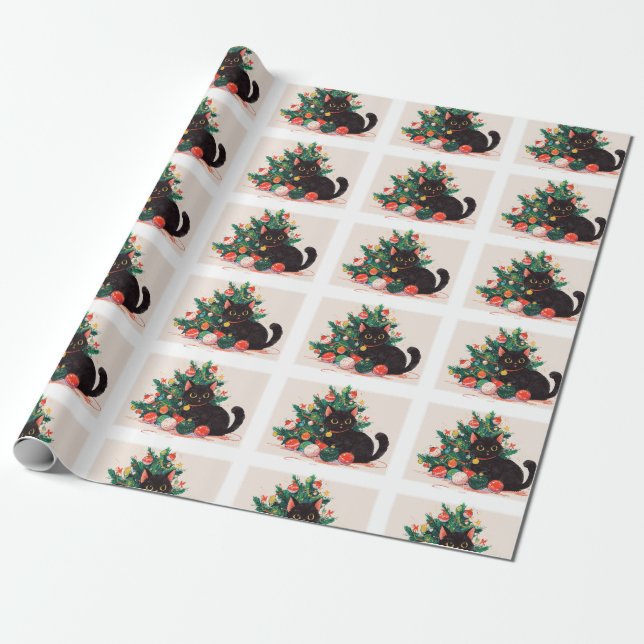 Papier Cadeau Cute Kitten noir à l'air coupable - Noël (Déroulé)