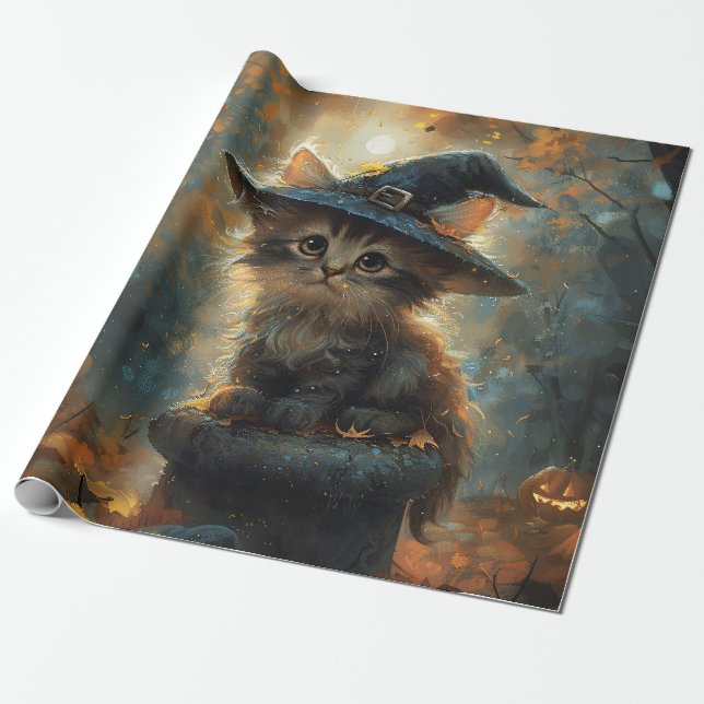 Papier Cadeau Cute Kitten Portant une sorcière Casquette Découpa (Déroulé)