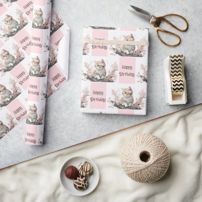 Papier Cadeau Cute Kitty En Fleurs Roses (Artisanat)
