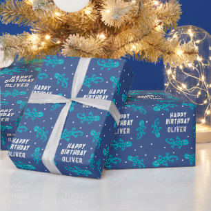 Papier Cadeau Cute Lézard Bleu Gecko Enfant Joyeux Anniversaire