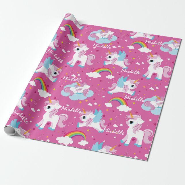 Papier Cadeau Cute licorn Joyeux anniversaire rose girly (Déroulé)