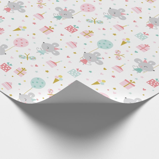 Papier Cadeau Cute Little Birthday Mouse avec cadeaux & cake bla (Coin)