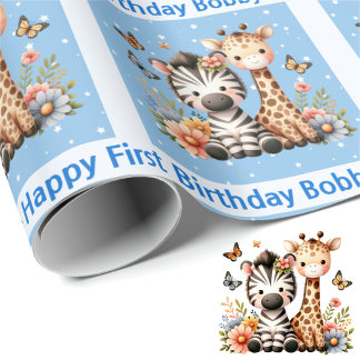 Papier Cadeau Cute Little Boy's Birthday Ajouter le nom Zoo Anim