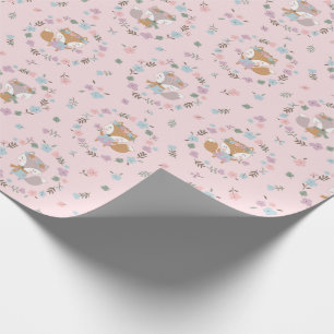 Papier Cadeau Cute Little Fall Fox avec fleurs roses