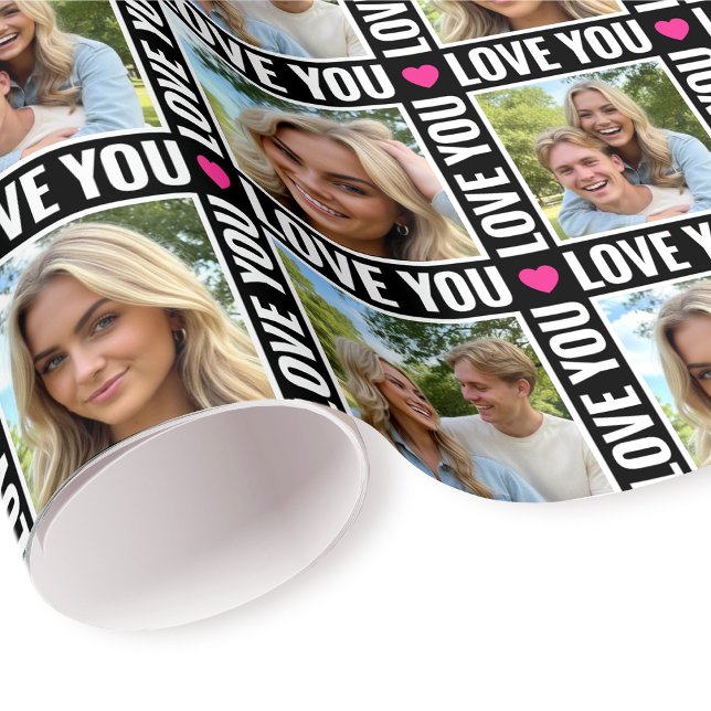 Papier Cadeau Cute Love You 4 Photo Collage Heart Modern Black (Créateur téléchargé)