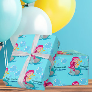 Papier Cadeau Cute Mermaid Girl Custom Anniversaire