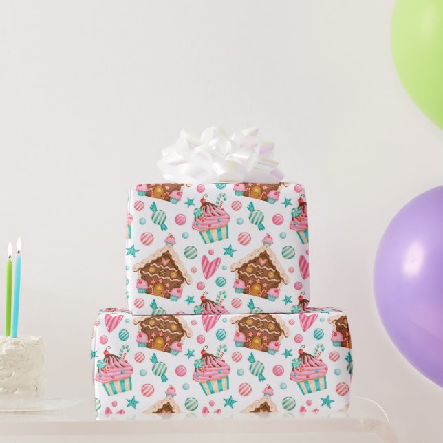 Papier Cadeau Cute Moderne Rose Bleu Aquarelle Traitements de No (Cadeaux de fête)