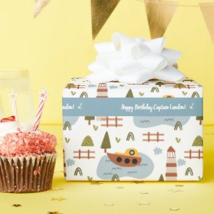 Papier Cadeau Cute Nautical Lighthouse and Boat Kid Motif