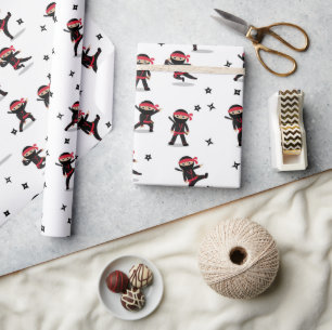 Papier Cadeau Cute Ninja Guerrier Enfants Noir & Rouge Motif