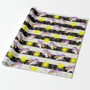 Papier Cadeau Cute Noir Blanc Sunny Unicorn rayures Design