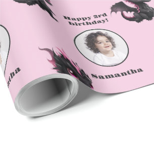Papier Cadeau Cute noir rose Chibi Dragon Texte Photo personnali