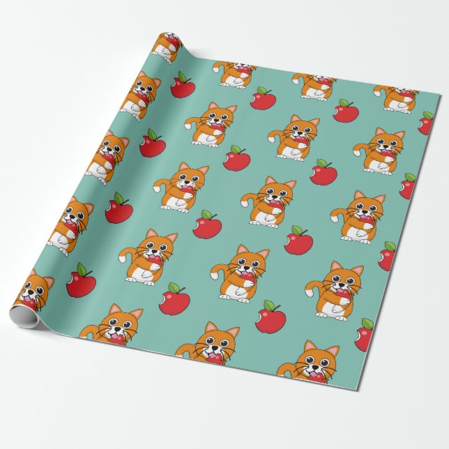 Papier Cadeau Cute Orange Blanc Chat Manger Rouge Pomme Carton (Déroulé)