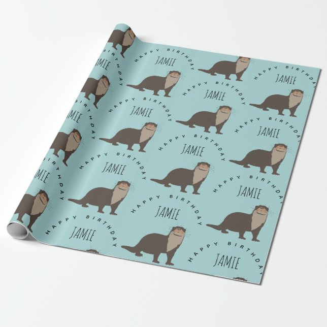 Papier Cadeau Cute Otter Motif Nom personnalisé Anniversaire (Déroulé)