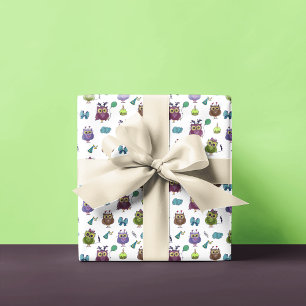 Papier Cadeau Cute Owl Motif d'anniversaire   Blanc