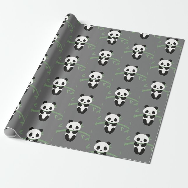 Papier Cadeau Cute Panda Bear Bambou Motif Gris (Déroulé)