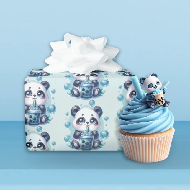 Papier Cadeau Cute Panda et Blue Boba Bubble Tea (Créateur téléchargé)