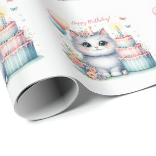 Papier Cadeau Cute Pastel Kitten Gâteau d'anniversaire - Anniver