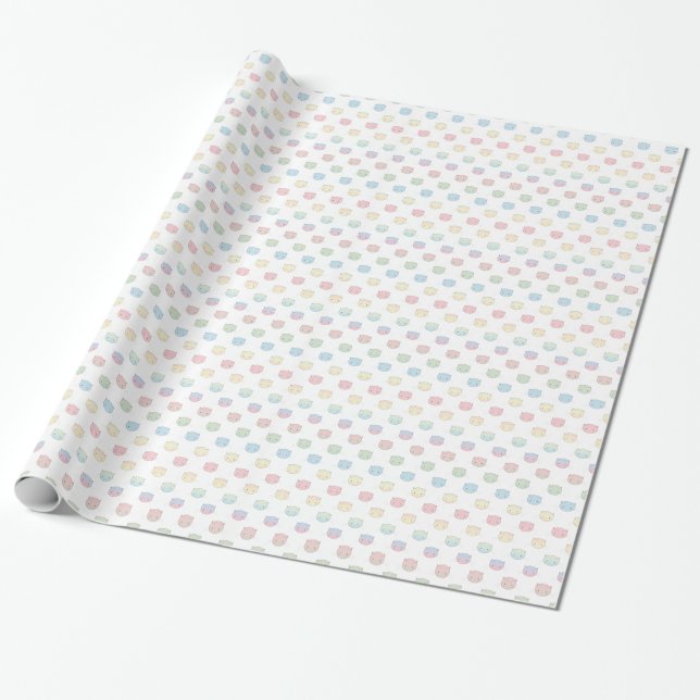 Papier Cadeau Cute Pastel Kitty Façades rose bleu vert jaune (Déroulé)