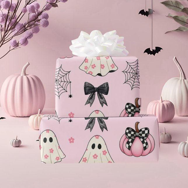 Papier Cadeau Cute Pastel Pink Halloween Ghost, Citrouille (Créateur téléchargé)