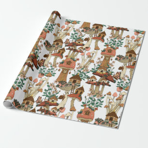 Papier Cadeau Cute Pêche Cottagecore Floral Champignons Motif