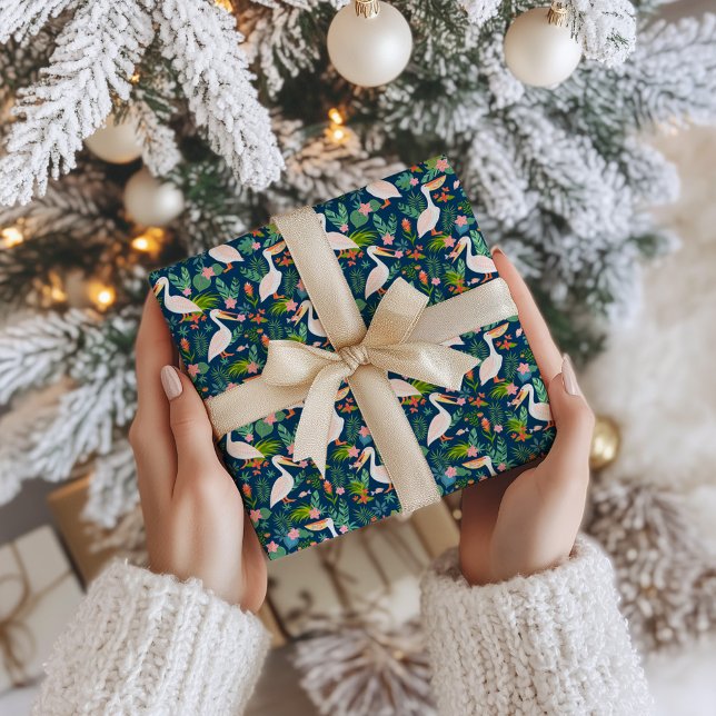 Papier Cadeau Cute pélicans coloré fleurs tropicales motif (Créateur téléchargé)