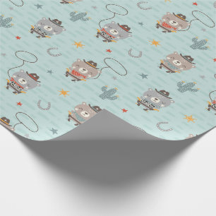 Papier Cadeau Cute Petit Cowboy Sheriff Bear sur bleu