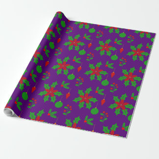 Papier Cadeau Cute Poinsettias, Hollies et Mistletos en pourpre