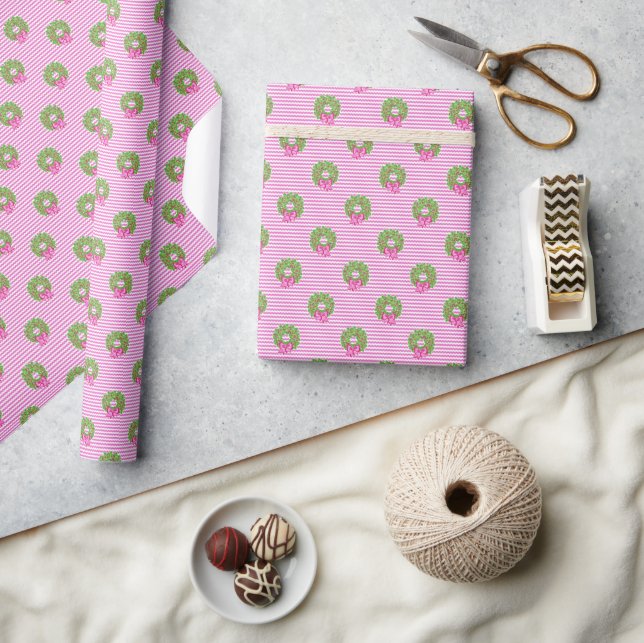 Papier Cadeau Cute Preppy Noël rose et vert Chevron Wreaths (Artisanat)