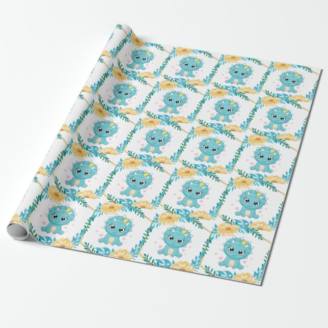 Papier Cadeau Cute Prince Baby shower Dinosaure Turquoise et Jau (Déroulé)