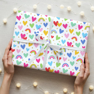 Papier Cadeau Cute Rainbow Hearts Stars Célébration Valentines