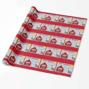 Papier Cadeau Cute Red Grange Animaux de ferme Anniversaire Papi