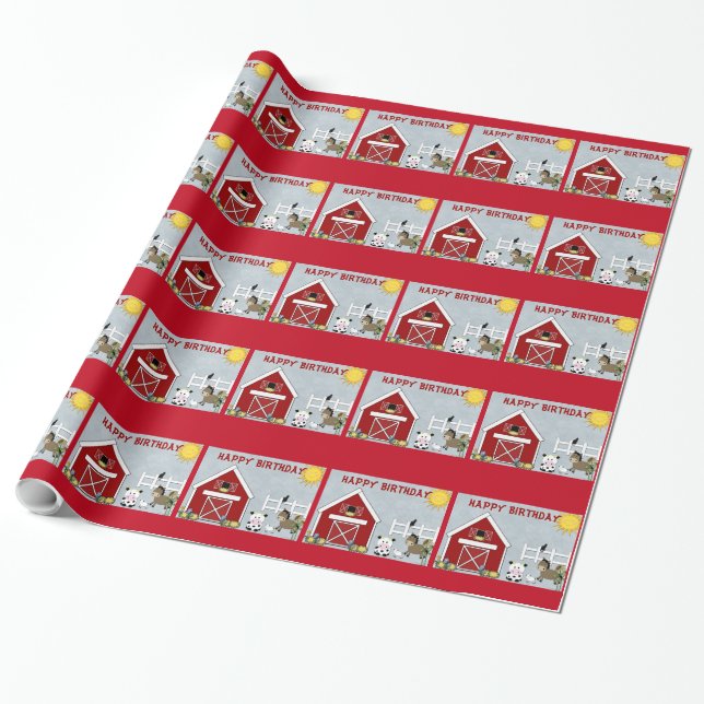 Papier Cadeau Cute Red Grange Animaux de ferme Anniversaire Papi (Déroulé)