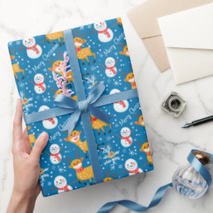 Papier Cadeau Cute Reindeer et Snowman Blue