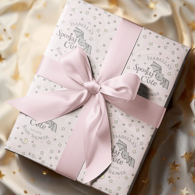 Papier Cadeau Cute rose Éffrayant Cute Octobre Baby shower (Spooky Cute Fall Baby Shower Custom Wrapping Paper. Hand-Drawn Baby Bat, Moons & Stars in Blush Pink)