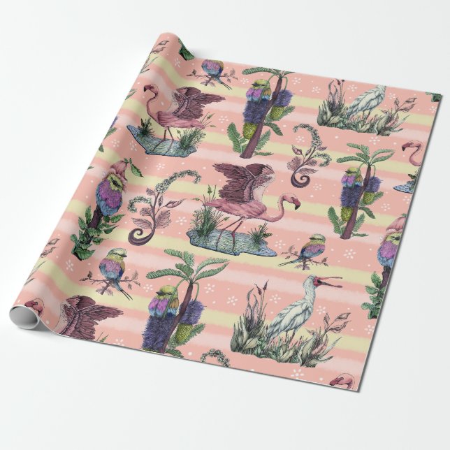 Papier Cadeau Cute rose Flamant rose Africain Oiseau Aspirateur (Déroulé)