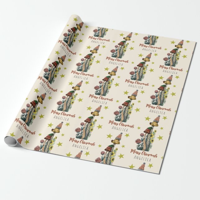 Papier Cadeau Cute rouge et champignons verts Noël Nom personnal (Déroulé)