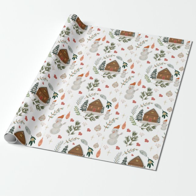 Papier Cadeau Cute Rustique Cabine Snowman cadeau de Noël de Noë (Déroulé)