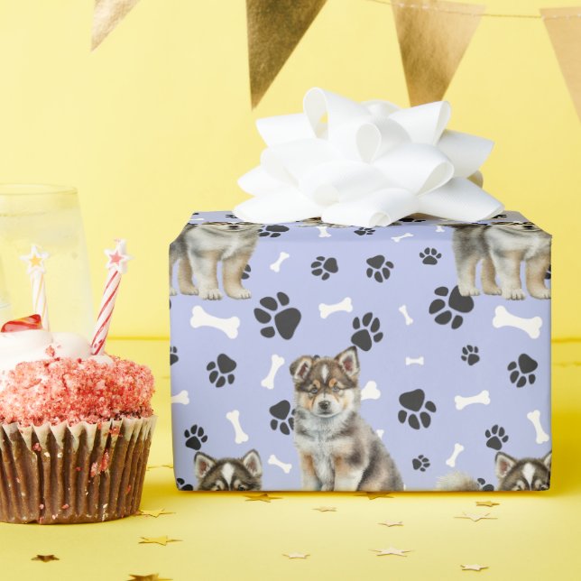 Papier Cadeau Cute Sibérienne Husky Empreintes de pattes chiots  (Fête d'anniversaire)