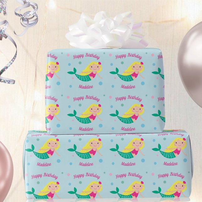 Papier Cadeau Cute Sirène Bleu Personnalisé Anniversaire (Créateur téléchargé)