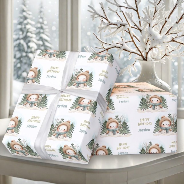 Papier Cadeau Cute Snowman hiver Anniversaire Nom du garçon (Cute Snowman Winter Birthday Boy Name Wrapping Paper)