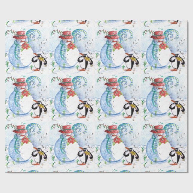 Papier Cadeau CUTE SNOWMAN & PENGUIN'S HITER SERENADE Noël (Plat)